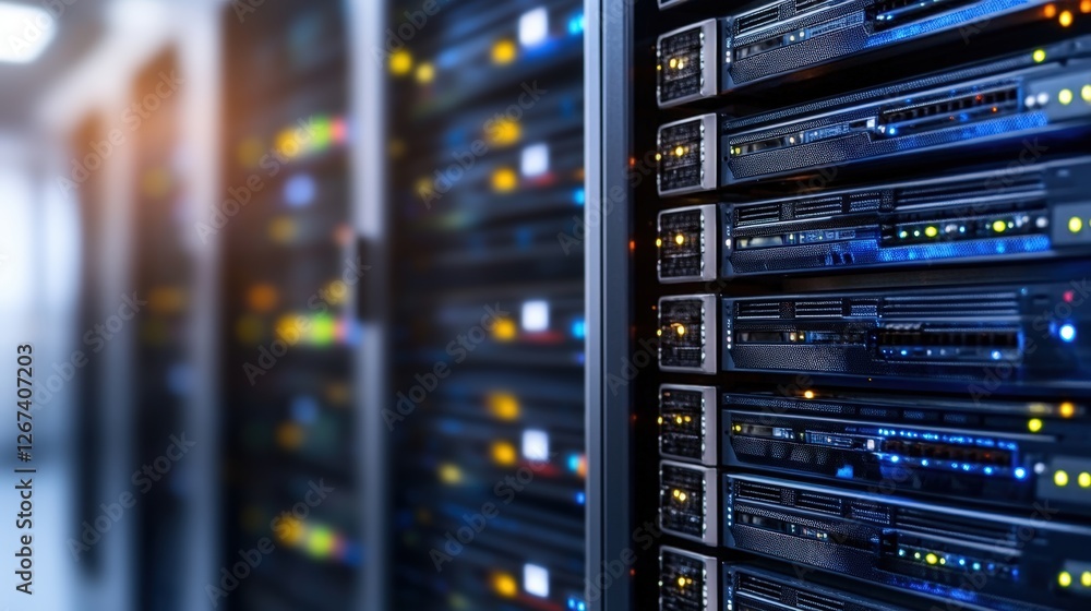 Poster row of servers in a data center with it specialist working in a server room environment