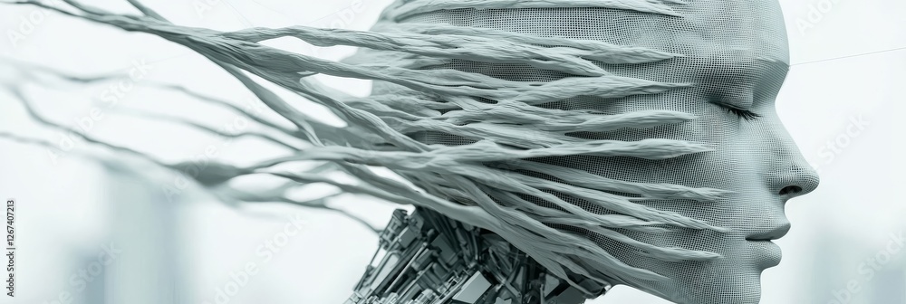Poster a cyborg head utilizes stock to generate a digital interface in a 3d rendering