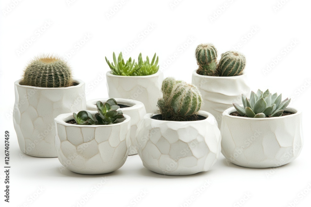 Poster assorted cacti in unique white pots on display