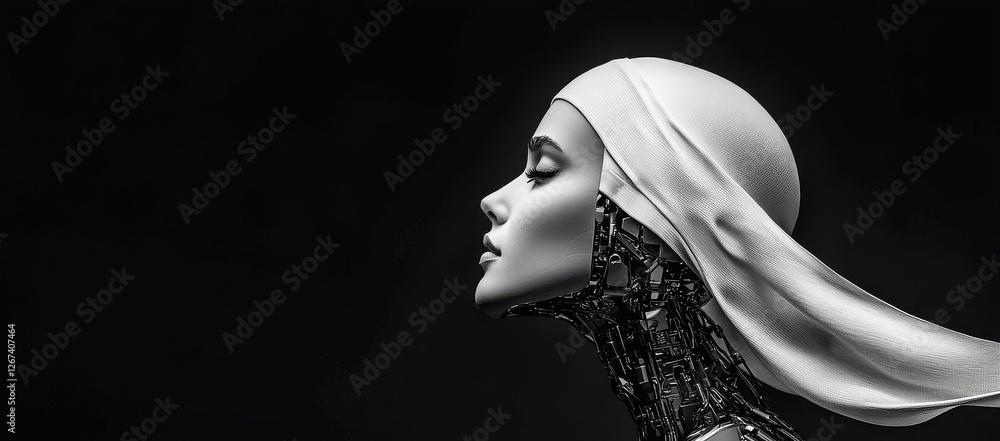 Poster photorealistic studio portrait of a humanoid robot with cyborg features set against a black backgrou