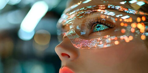 The futuristic techno background serves as a striking setting for a beautiful female cyber fashion robot, paired with stock visuals of a quantum computer and more stock features