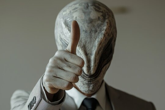 A business-suit-clad alien giving a thumbs up was made with Stock technology