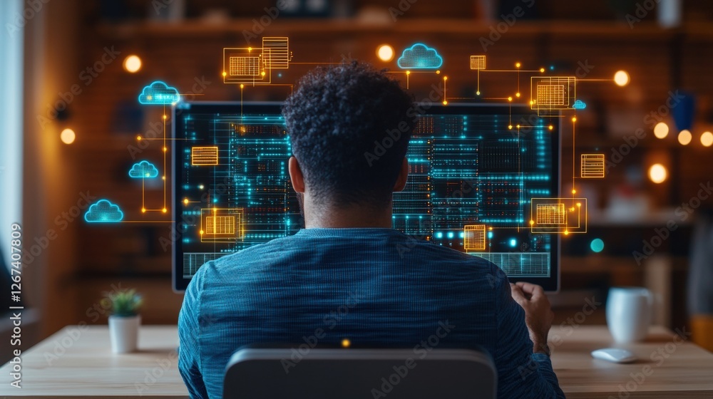 Poster man at desk using laptop with data cloud illustrating information technology and data center operati