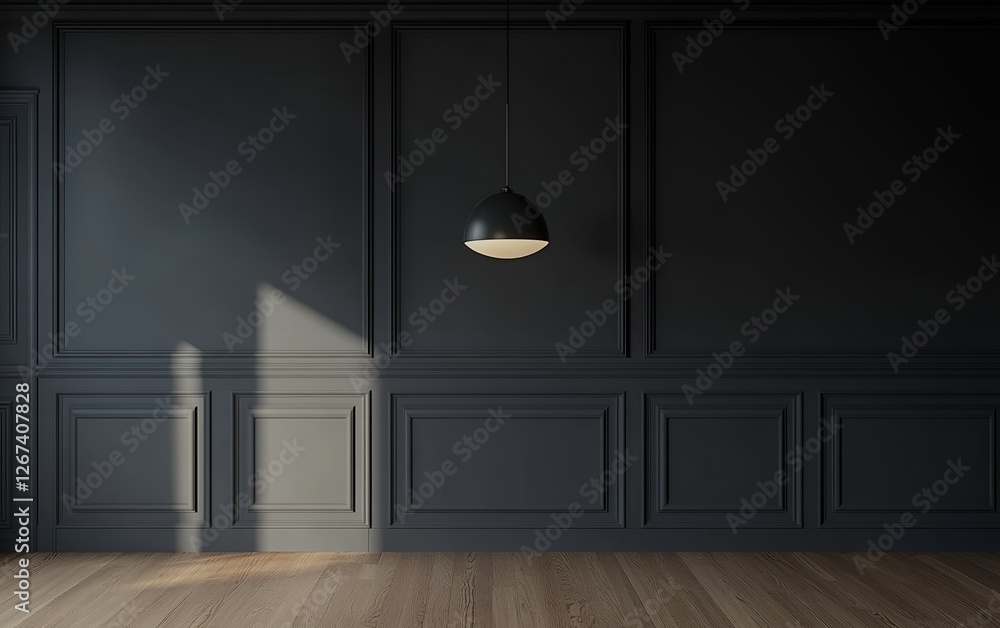 Poster elegant dark panel walls with round pendant light and subtle natural light, creating a tranquil and 