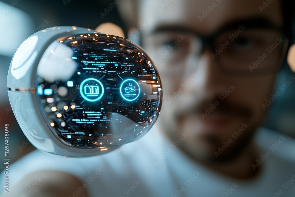 Poster in a modern laboratory, a robotics engineer programs a futuristic humanoid robot with stock using au