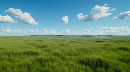 Fototapeta premium Lush green grass field stretches towards the horizon under a bright blue sky with fluffy white clouds.
