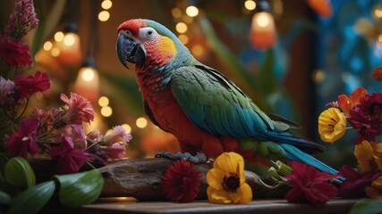 A colorful parrot surrounded by vibrant flowers and soft lighting, creating a lively atmosphere.