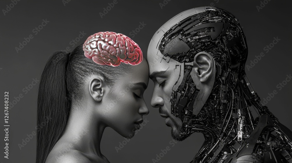 Poster the robot is linked to a woman's brain in this stock setup
