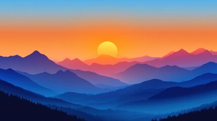 Obraz premium Serene sunset over layered mountains with vibrant colors, creating a tranquil atmosphere ideal for relaxation or meditation