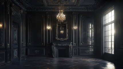 Dark, opulent room;  ornate black paneling, grand fireplace, sunlit window-standard v2-4x