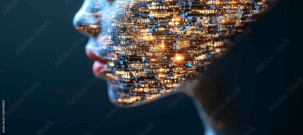 Poster a white male robot is depicted in a 3d rendering using a digital screen interface