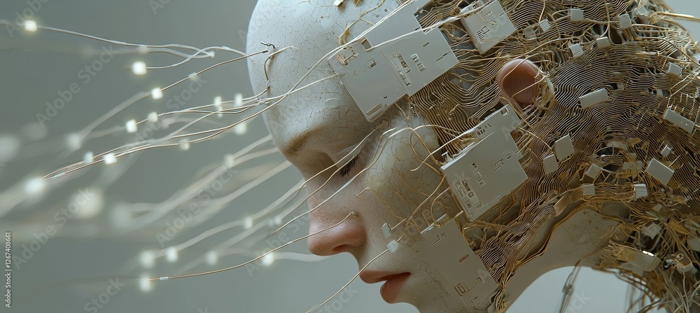 Poster a 3d rendering shows a white male robot interacting with a digital screen interface