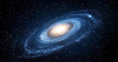 Magnificent blue and yellow spiral galaxy with stars in the background and cosmic wonder