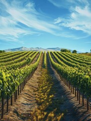 Naklejka premium A vineyard with rows of grape vines stretching to the horizon under a blue sky.