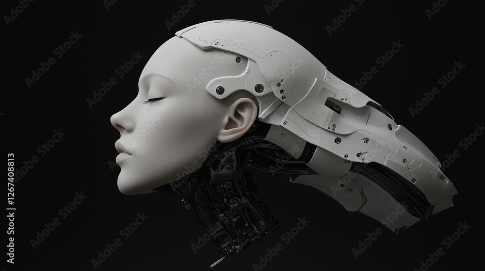 Poster the image features a cyborg with a blue neutral lighting effect, created using 3d illustration and r