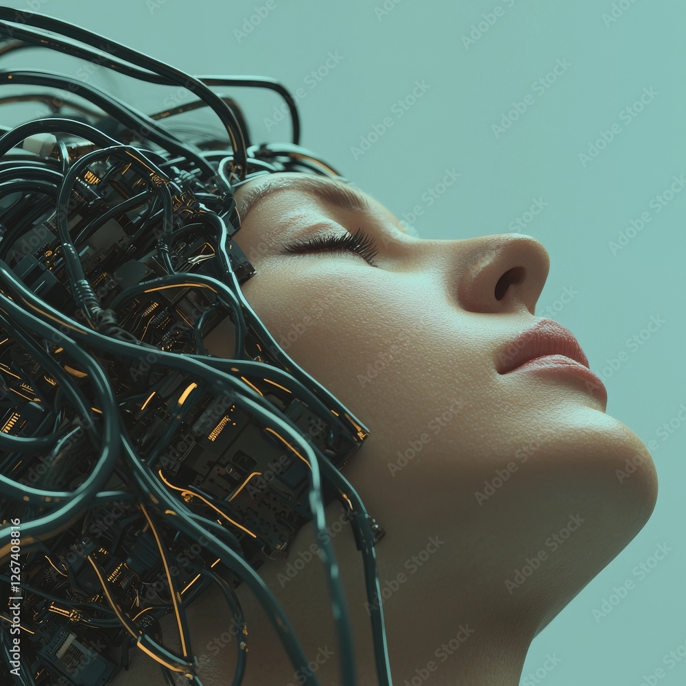 Poster the 'mind of the machine' is a 3d illustration featuring a female robotic figure directly linked to 