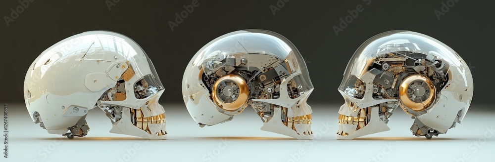 Poster a 3d rendered image of a cyborg face or robot head, presented in a set of three different views, iso