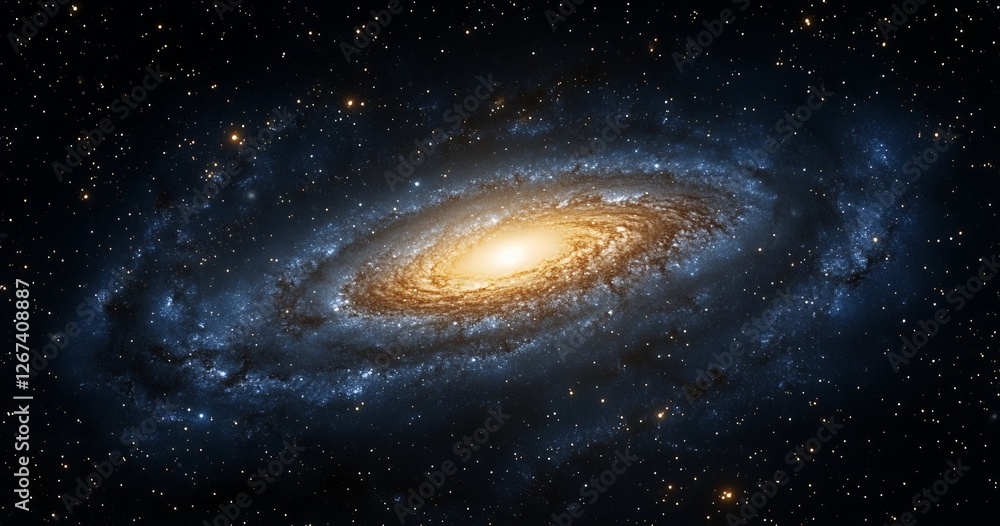 Poster mesmerizing spiral galaxy with glowing galactic core in starry space and nebulae surrounded by swirl