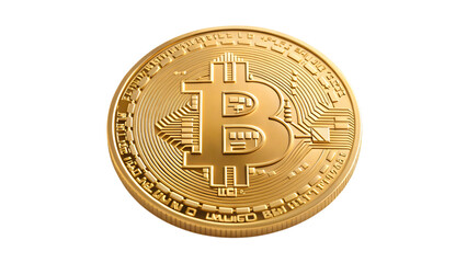 A macro closeup of a bitcoin isolated on a white background depicts wealth and financial investment
