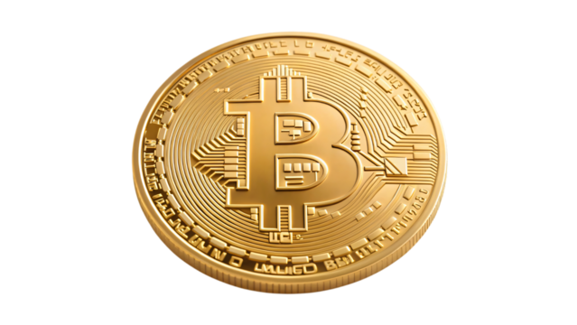 A macro closeup of a bitcoin isolated on a white background depicts wealth and financial investment