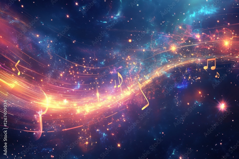 Aufkleber colorful musical notes flowing through a vibrant cosmic background filled with swirling stars and li