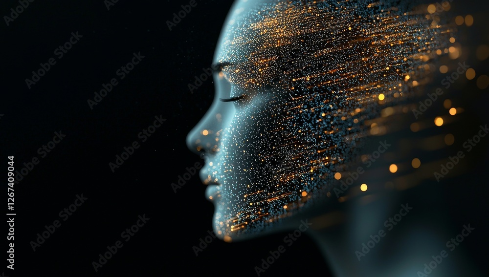 Poster a human head profile with a 3d render and a pcb brain, representing futuristic concepts and advanced