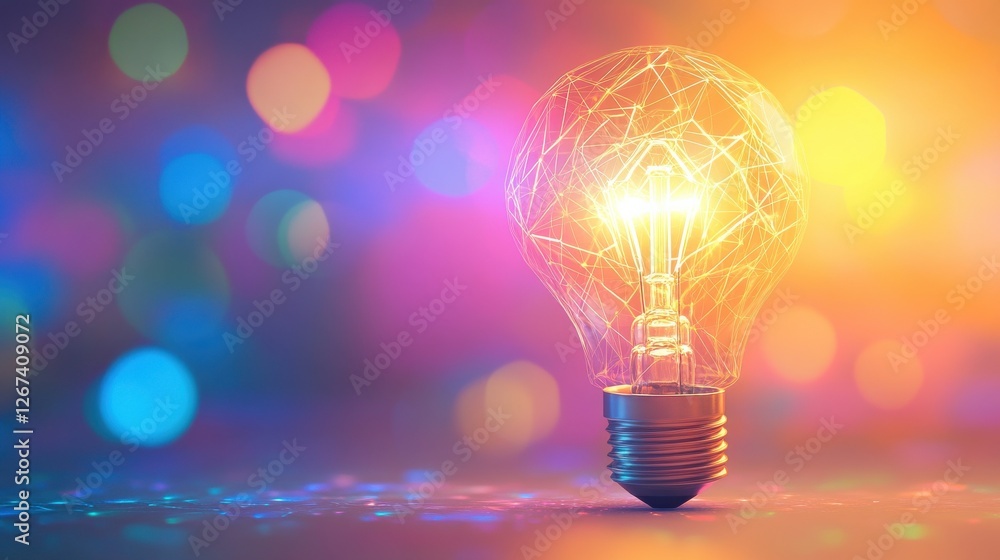 Poster polygon idea light bulb on blurred gradient multicolored background. global cryptocurrency blockchai