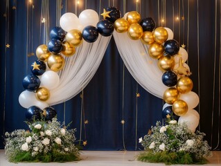 Elegant Celebration Decor with Balloons Archway and Floral Arrangements for Party or Festive Event