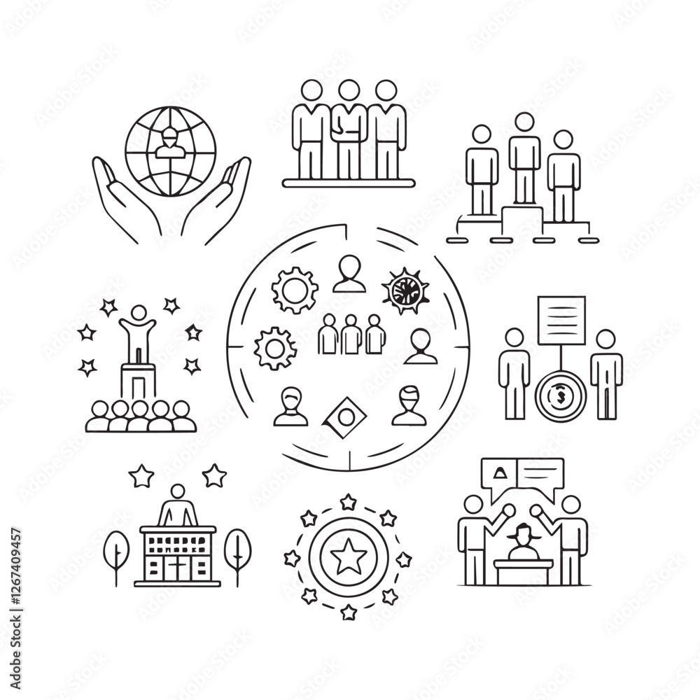 Poster teamwork and community line icons collection. thin outline icons pack. ui icon collection. set of li