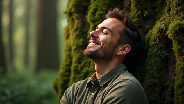 A man with eyes closed, gently resting against a moss-covered tree, his calm expression reflecting peace and harmony , International Day of Forests 