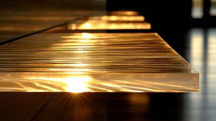 Obraz premium Golden light reflecting on modern glass shelves in a building