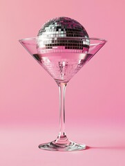 Elegant martini glass with a disco ball on a pink background with space for text, ideal for party concepts and celebrations.