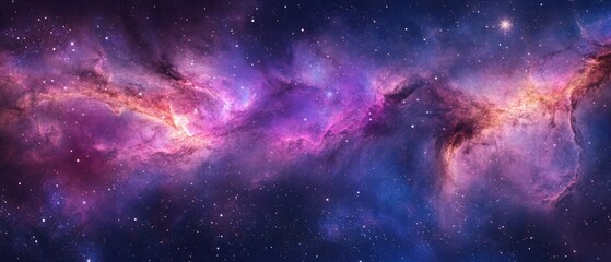 Fototapeta premium Stunning purple and blue cosmic nebula with bright twinkling stars and glowing interstellar dust clouds in the vast deep space universe