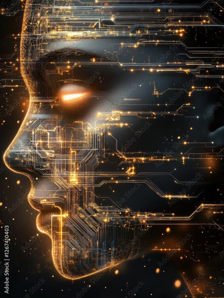 Aufkleber Merging of human face with glowing digital circuits in a dark futuristic setting. Generative AI