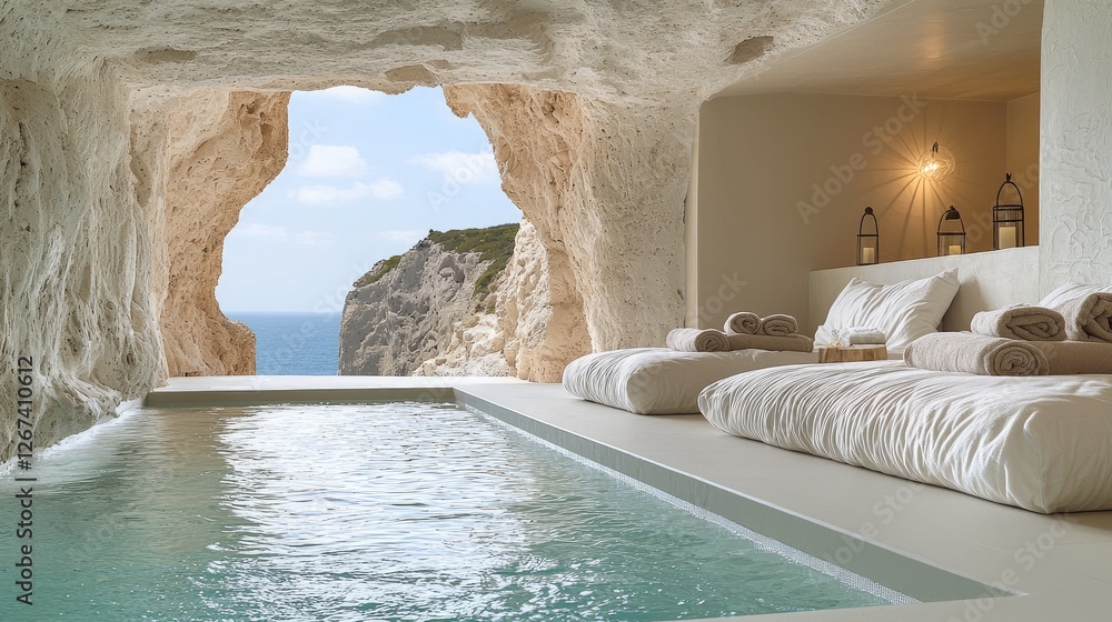 Aufkleber a serene indoor space featuring a modern, rectangular plunge pool with clear blue water at its cente