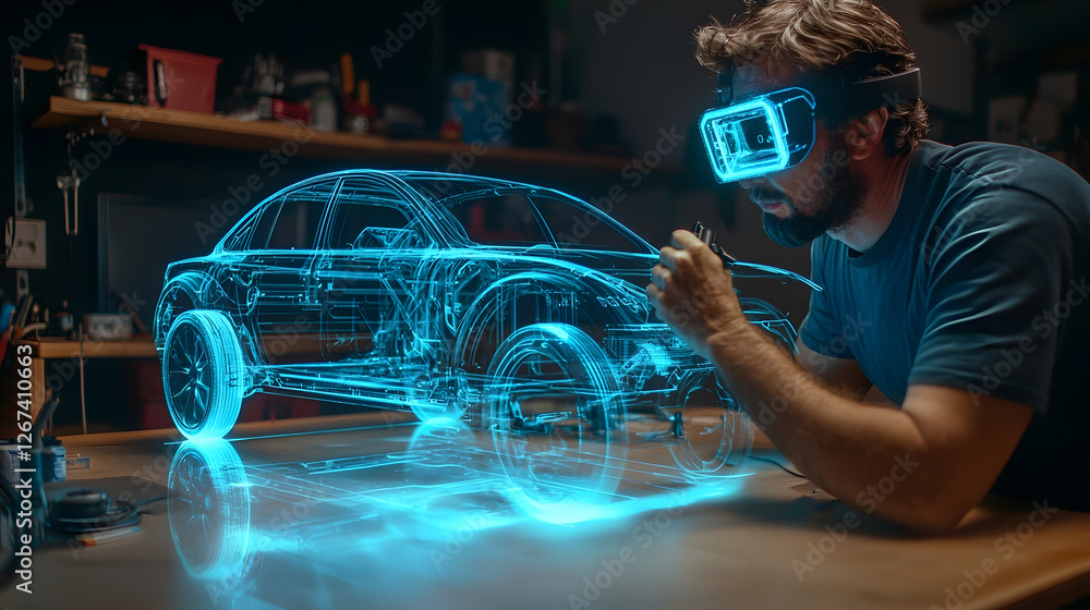 Poster close up view of the creative process behind holographically designing an electric vehicle frame in 