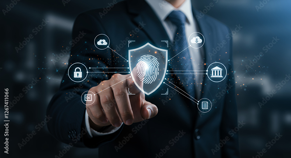 Poster ** cybersecurity: fingerprint shield protection. secure data, cloud, & banking with advanced digital
