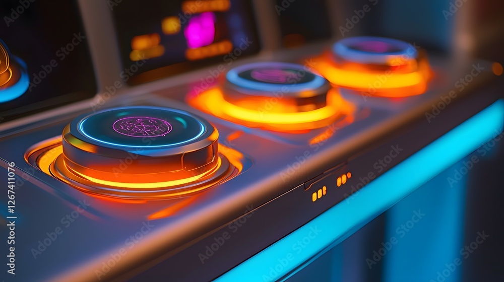 Poster focused close up of a holographic interface with digital controls and displays used for innovative c