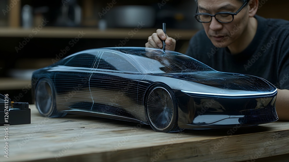 Poster close up view of a designer or engineer sketching the body lines and design of a futuristic holograp