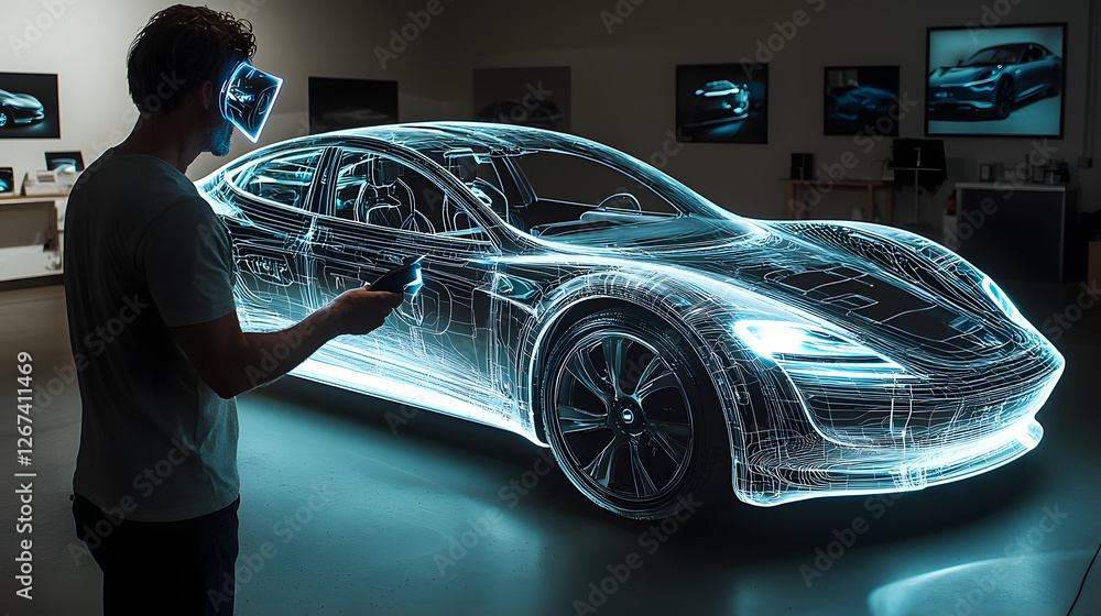 Poster rendering of a futuristic electric car design through holographic interface and interactive technolo