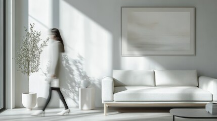 Blurred woman walking in a feminine living room interior with a sofa, coffee table and painting