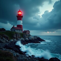 Obraz premium Lighthouse in stormy weather , wind, sea, storm