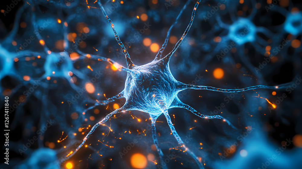 Poster 3d render of a neuron with blue core and orange extensions