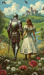Knight and Maiden Strolling through a Blooming Meadow Towards a Distant Castle Romantic Fantasy Art