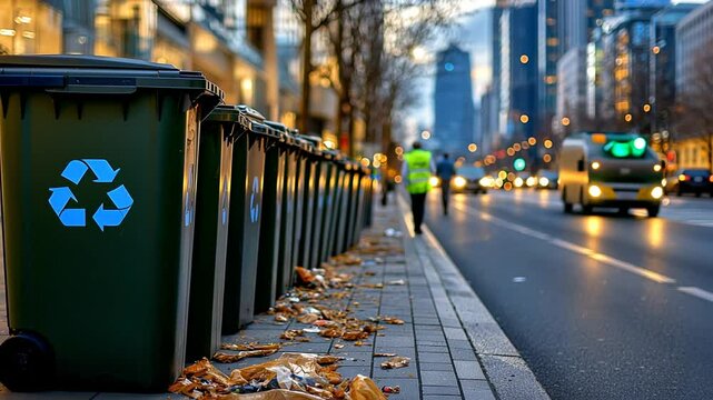 Urban street with recycling garbage containers and pedestrians