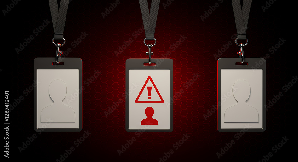 Poster security breach warning: personnel id badges alerting to user risks, identity theft, and network vul