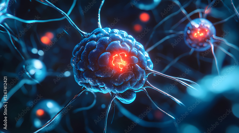 Poster 3d rendering of a neuron with synaptic vesicles and active neurons