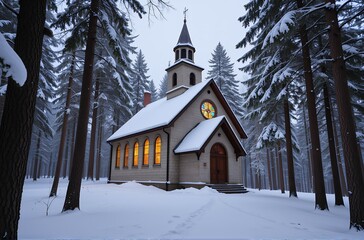 Winter Wonderland Snow Covered Church in a Pine Forest at Dusk