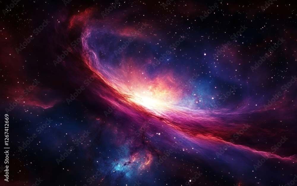 Poster glowing space nebula in the deep universe with bright light explosion and abstract sci fi art featur