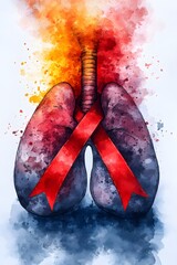Watercolor splash forming lungs with red ribbon symbolizing tuberculosis prevention with copy space